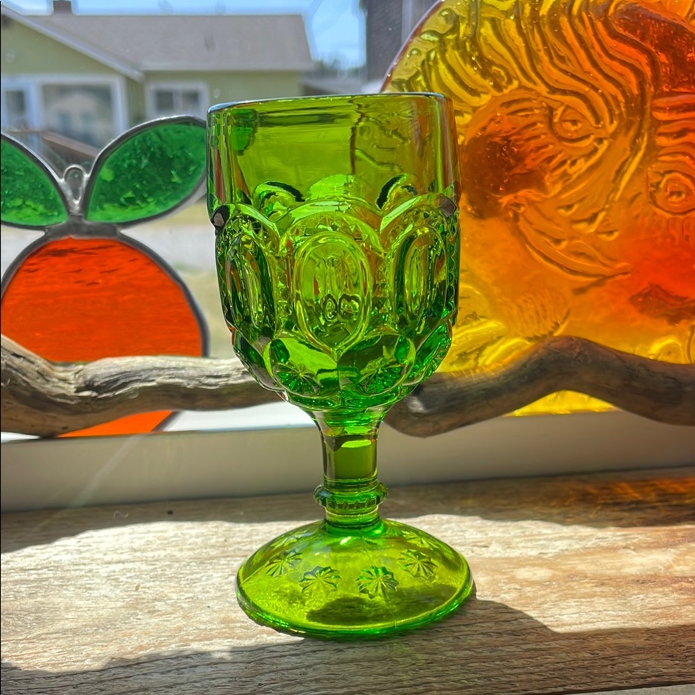 Vintage moon & stars green glass cordial goblet
